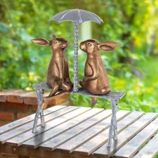 Aluminum Roman Bunnies Rabbit Pair on Bench Statue Nature Garden Décor-26''H