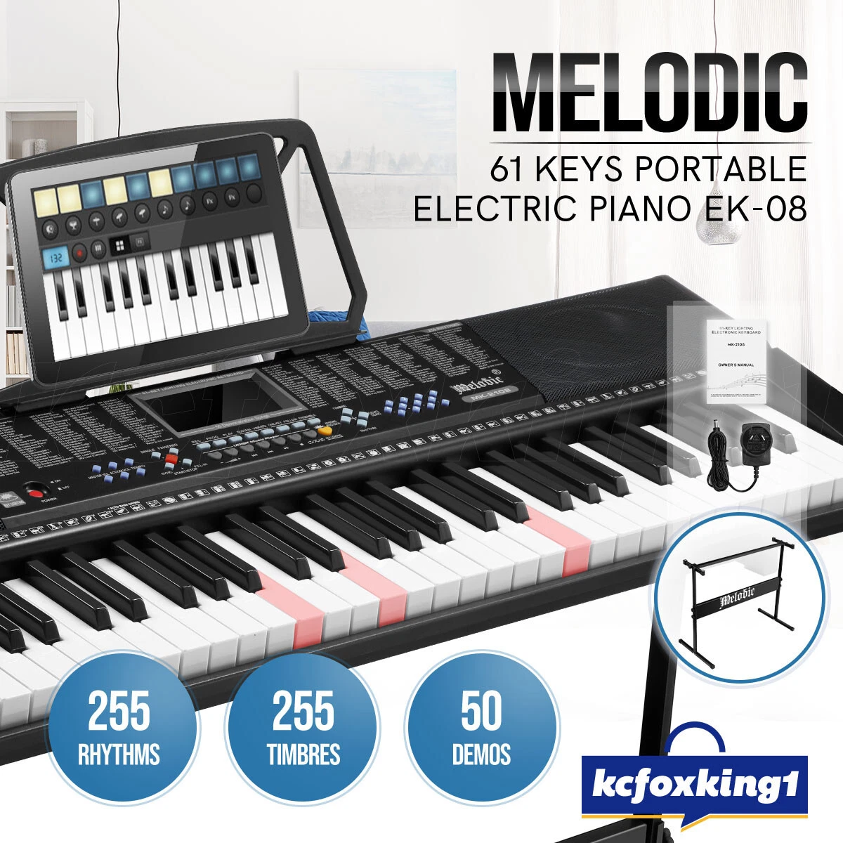 Electronic Piano Keyboard Melodic 61 Keys USB Port 50 Demo Songs Music Stand