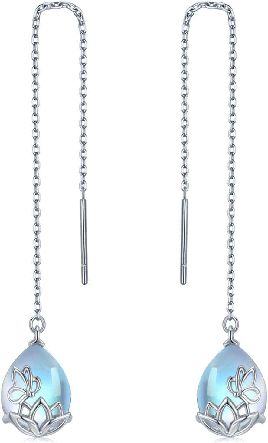 Moonstone Lotus Threader Earrings in 925 Sterling Silver with Long Chain