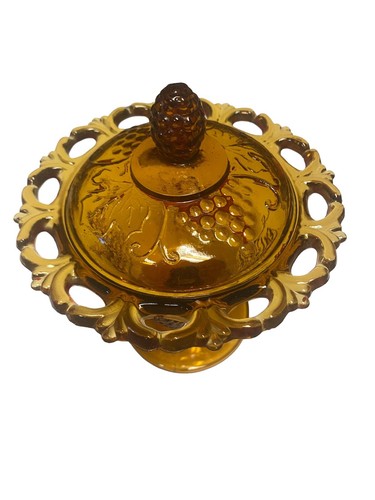 Vintage Ambra Carnevale Vetro Raccolta Uva Con Coperchio Composta Indiana Bordo Pizzo - Foto 4 di 8