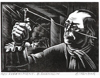 Key Experiment Benjamin Franklin Charles Turzak 1939   WPA Era Woodcut Print