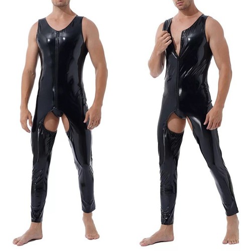 Sexy Mens Wet Look Bodysuit Faux Leather Open Crotch Clubwear M 4XL