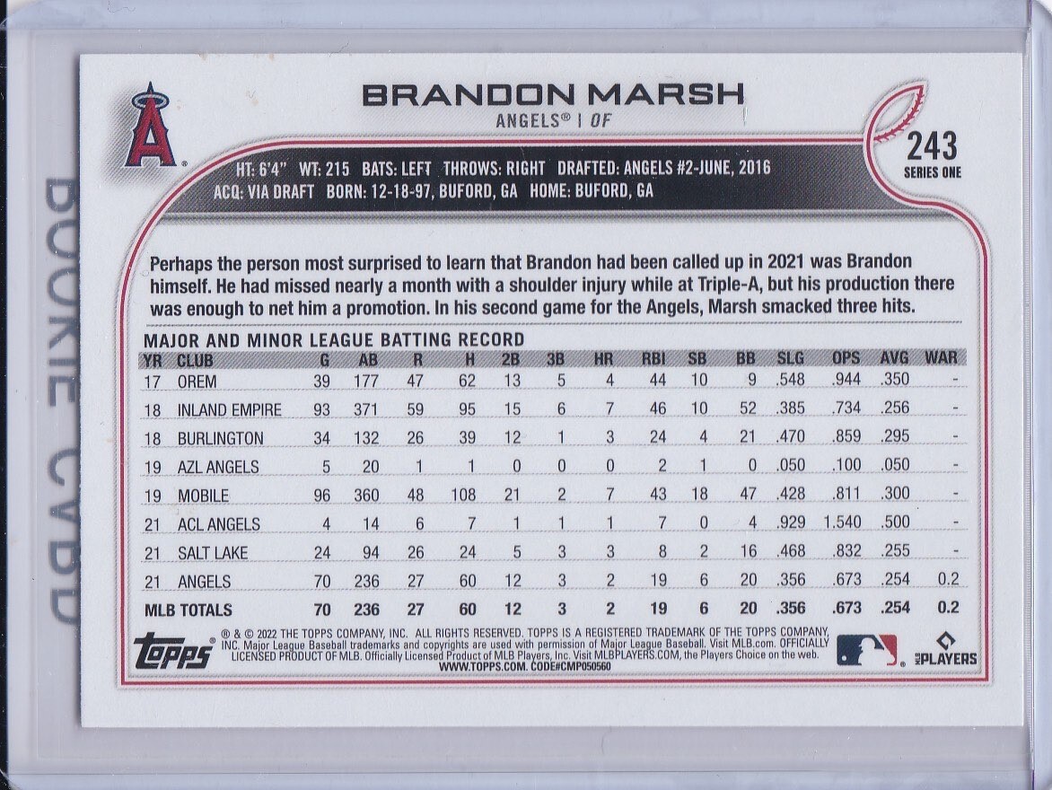 BRANDON MARSH ROOKIE CARD 2022 Topps RARE SP IMAGE VARIATION Beard