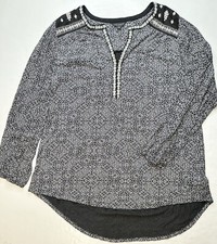 Lucky Brand Top Womens 1X Black White Embroidered Boho Lightweight Shirt Hi Low