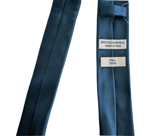 NEW BOTTEGA VENETA Petroleum Blue 100% SILK SATIN SUPER SKINNY Necktie - Picture 7 of 11