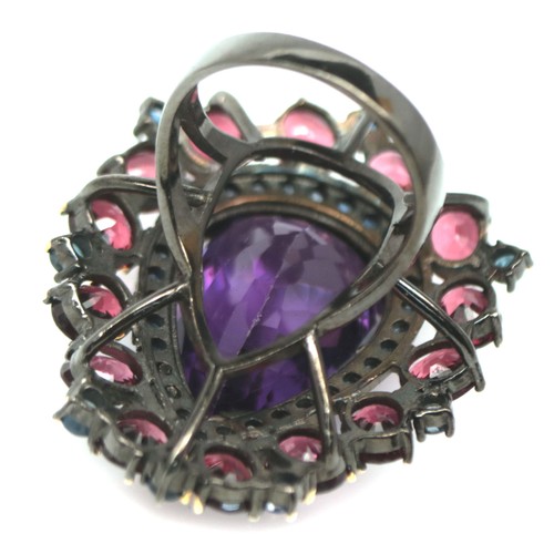 925 Argento Sterling Ametista Viola, Rodolite & Zaffiro Misura Anello 7.25 - Foto 3 di 4