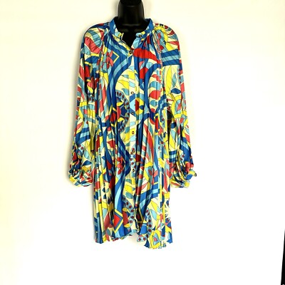 Calvin Tran Women s Blue Yellow Accordion Short Dress Long Sleeve One Size NWOT