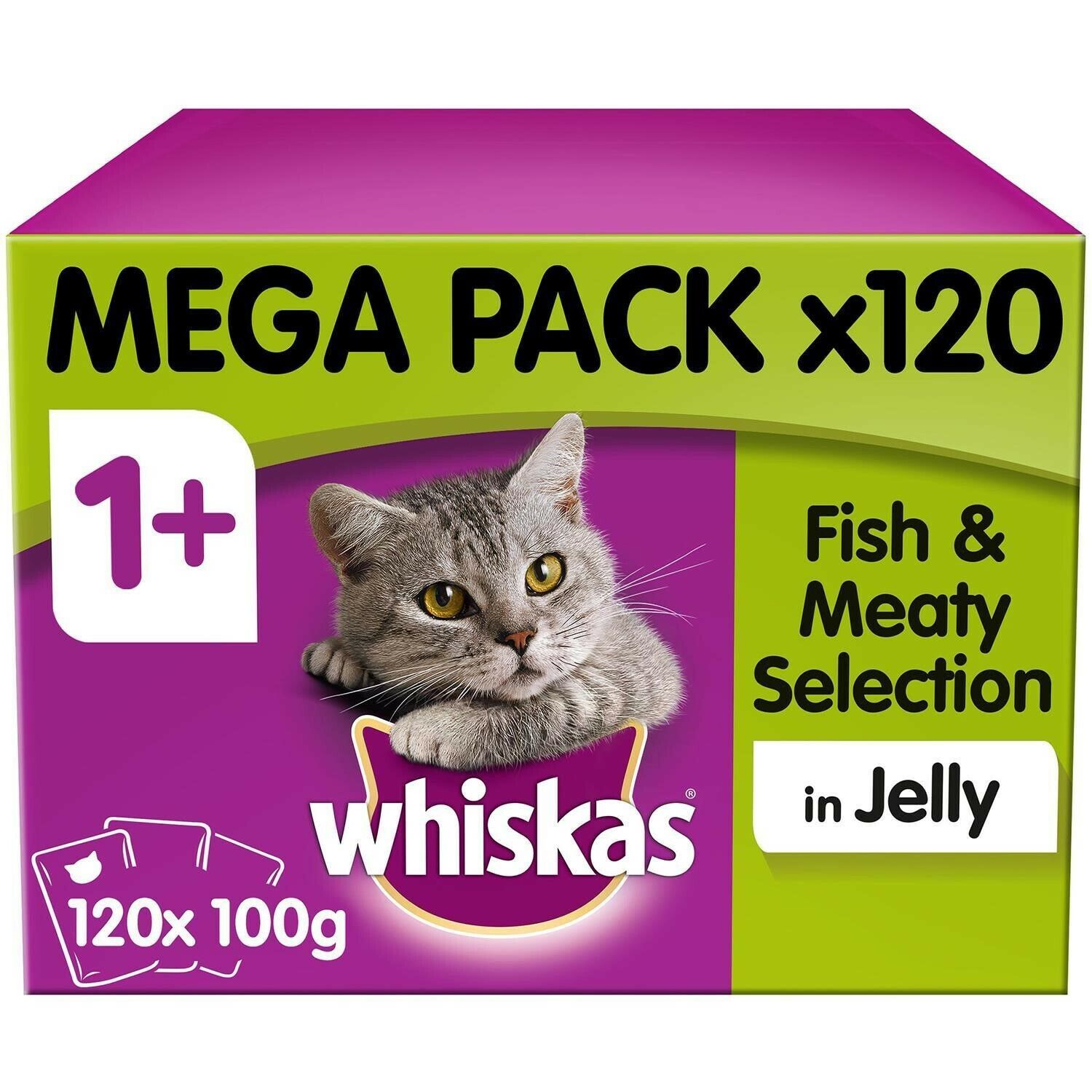 120 x 100g Whiskas 1+ Adult Wet Cat Food Pouches Mixed Fish & Meaty in Jelly