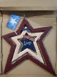 11" PRIMITIVE Americana FARMHOUSE Wood LIBERTY Star Trio WALL HANGING Sign NWT