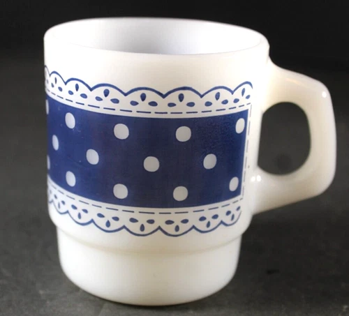 Anchor Hocking Fire King Blue Polka Dot Lace Coffee Tea Mug Cup Stackable 3 1/2"