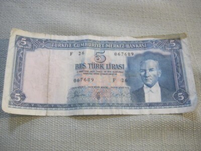 Vintage 5 Bes Turk Lirasi, Turkiye Cumhuriyet Merkez Bankasi, Turkey