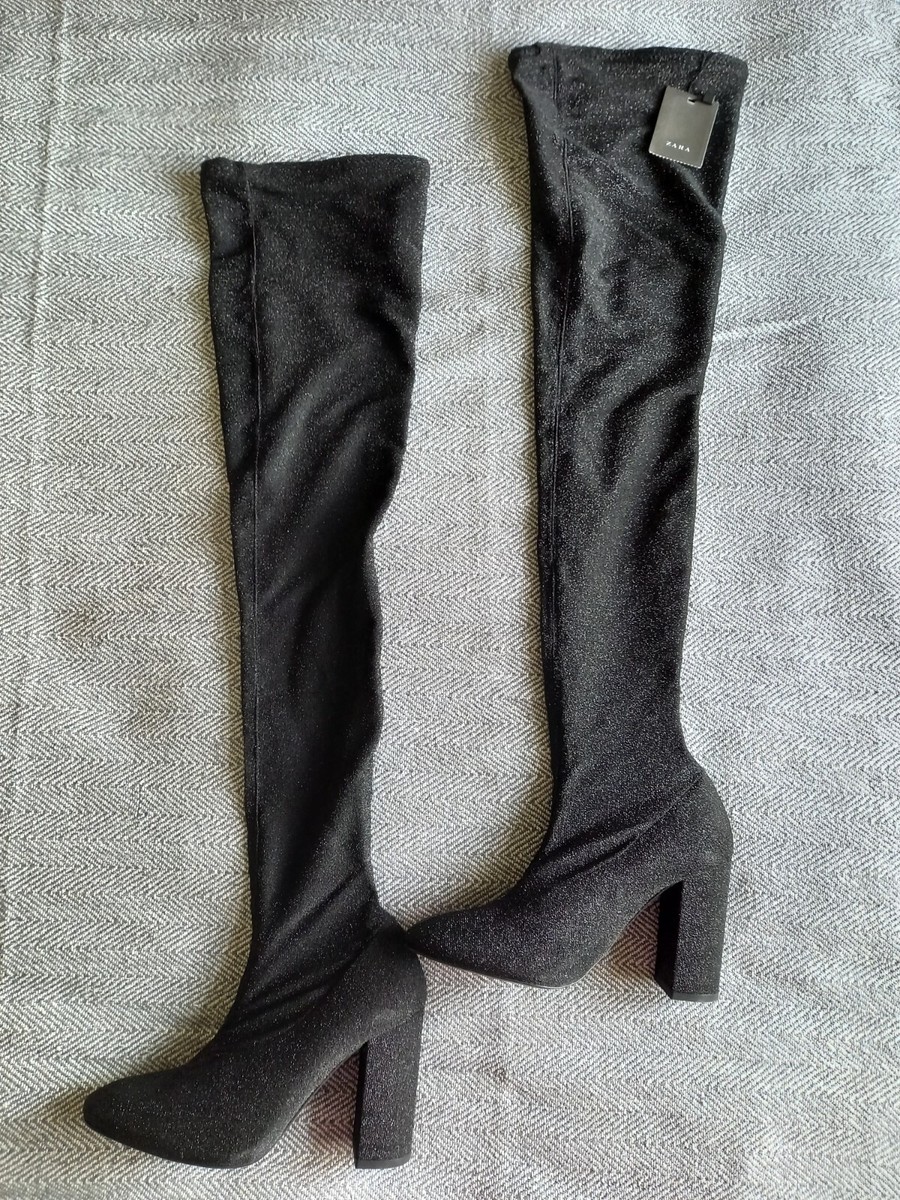 Zara Over The Knee Thigh High Slouchy Sock Black Sparkle Boots UK EU  37