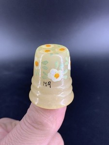 Vintage Italian Pastel Yellow Alabaster Painted Floral Sewing Thimble