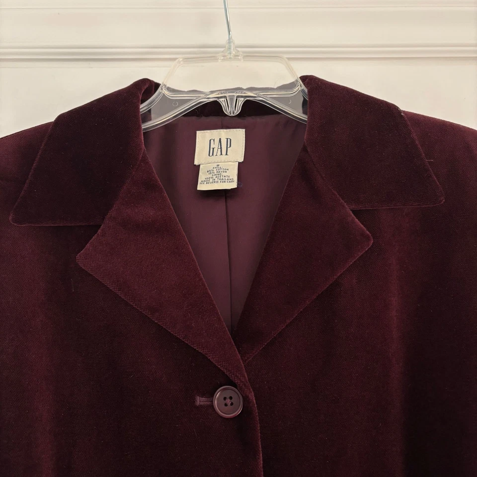 Chaqueta Blazer GAP Mujer Terciopelo Talla 8 Borgoña 4 Botones Vacaciones Carrera De Colección Foto 4 de 4