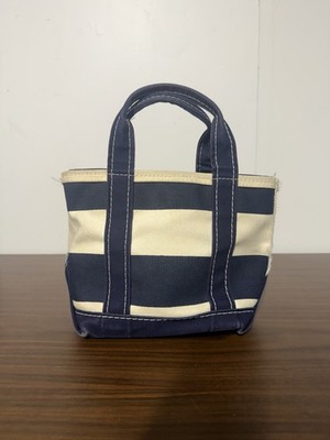 LL Bean Boat And Tote Mini Striped Navy Blue White Canvas Zip Top Vintage Rare