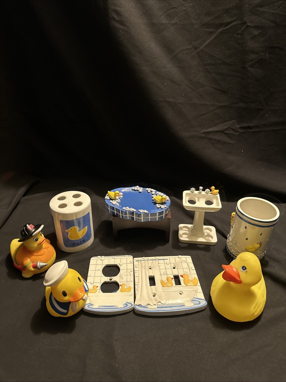 Rubber ducky bathroom accessory set for kids and adults