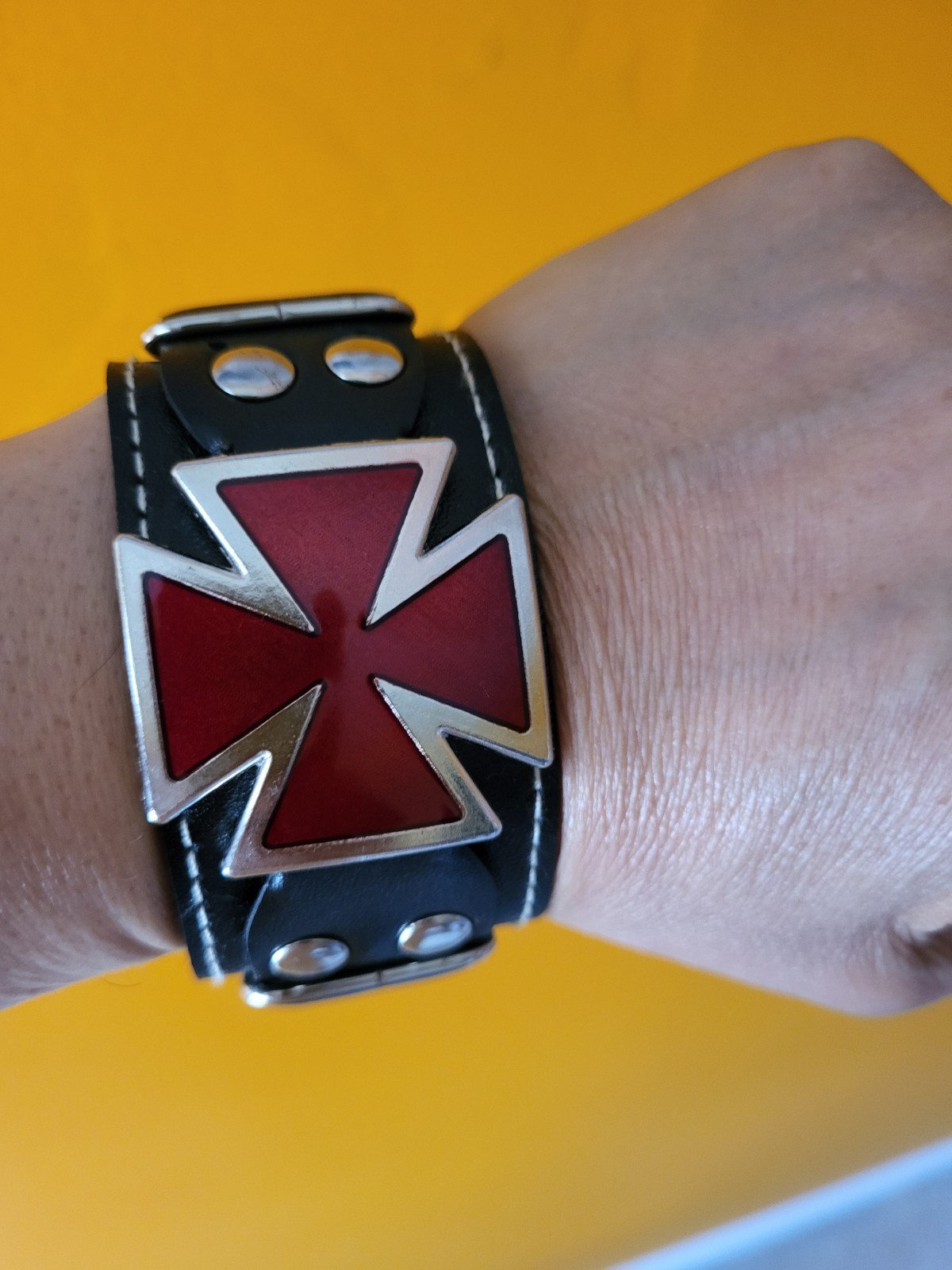 Black PU Bracelet with metal studs Iron Cross emblem Punk Rock Biker