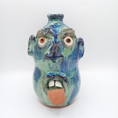 Billy Joe Craven Ugly Face Jug Folk Art Pottery 8'' x 5'' Blue/Green