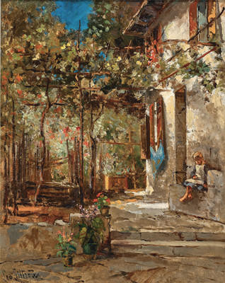 Sunlit Garden Terrace Poster Old Stone House Wall Art - 12X16/16X20/18X24/24X36