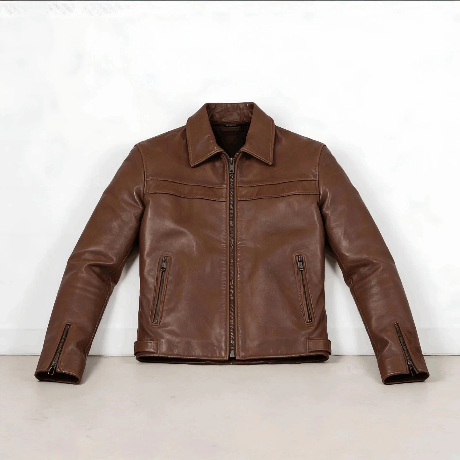 Men’s Brown Biker Cafe Racer Jacket Real SheepSkin Leather Jacket Slim Moto Coat