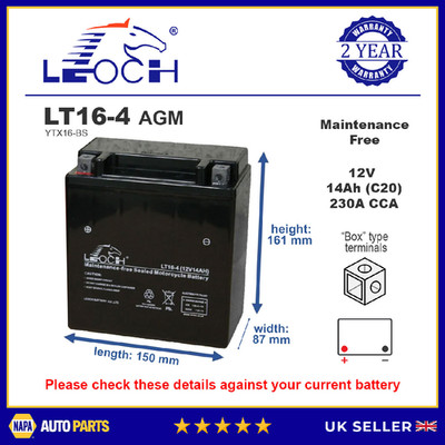 YTX16-BS Leoch Powerstart AGM Motorradbatterie LT16-4