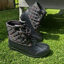 Sperry Port Duck Boots Rainbow Stitching Kids Sz 2 Youth Black Waterproof