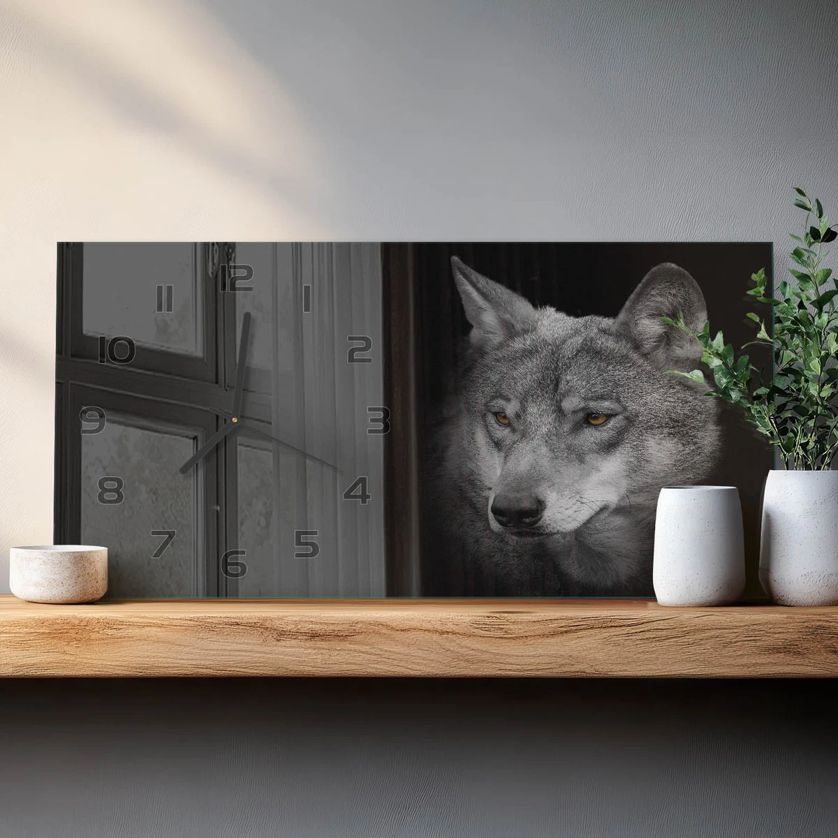 Reloj de Pared Rectangular Horizontal Cristal Decorativo Premium Lobo 60x30 cm