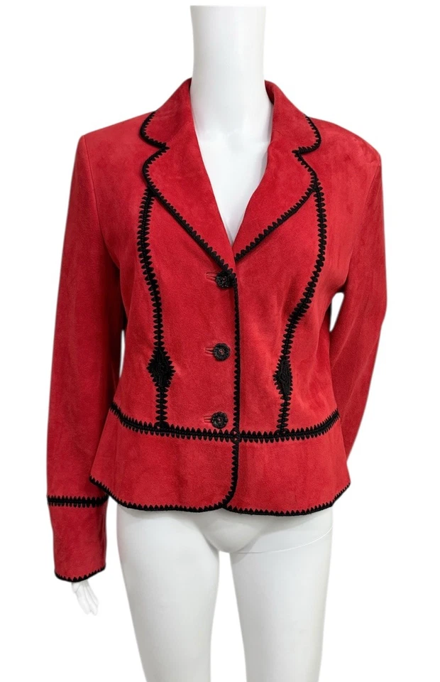 Blazer Escada Goat jaqueta de couro camurça 40 EUA 8 vermelho preto ponto chicote botão - Imagem 2 de 4