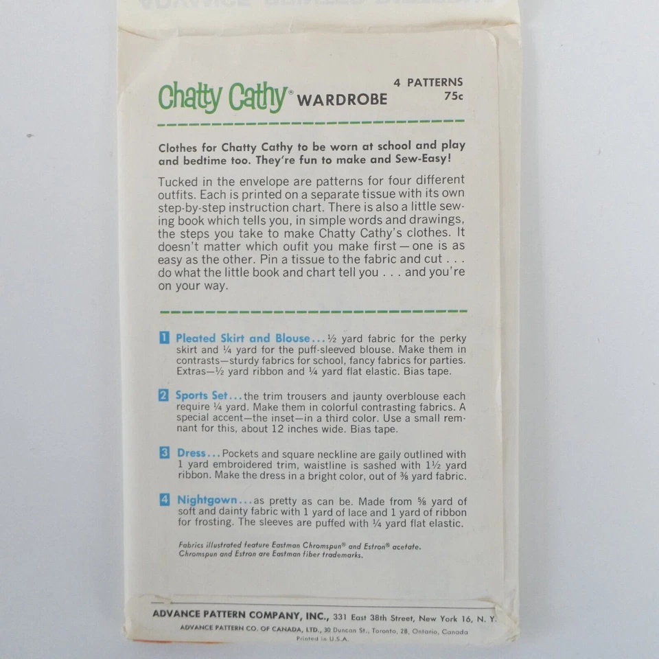 Chatty Cathy Doll Advance Sewing Pattern Group F 4 Patterns Uncut FF Vintage - Image 2 of 3