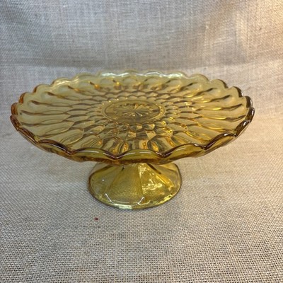 Vtg Anchor Hocking Fairfield Glass Cake Plate Stand Vignette Riser Honey Amber