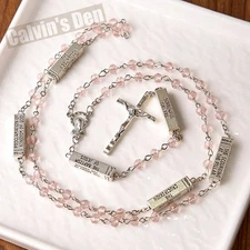 Mysteries of the Rosary Devotional Metal Bead Pink Crystal Necklace Crucifix