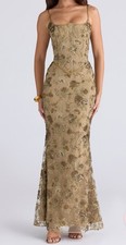 Gold Floral Embroidered Mesh Lace-Up Corset Maxi Dress Sweetheart Neck Sequin