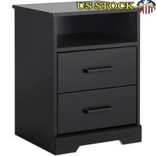 Contemporary Nightstand W/ Open Shelf 2 Drawers Stylish Black Bedside Table New