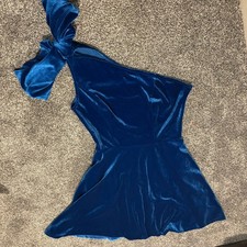 Royal Blue Velvet Midi A Line Dress One Shoulder Bow Sz Med Hidden Zip