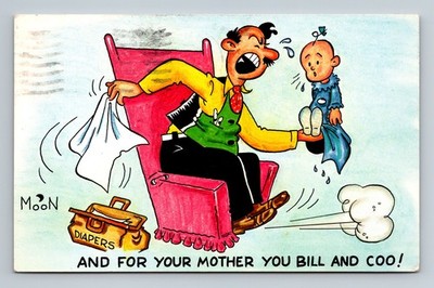 1970s Comic Postcard Baby & Dad Diapers And For Your Mother You Bill & Coo Moon