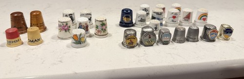 Vintage Thimble Lot Of 27 USA Metal Porcelain Wood Plastic Advertising States