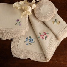 Set da Tavola Lino Ricami Floreali Punto Croce Second Hand 85 x 53 cm