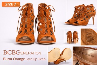 BCBGeneration Lace Up Heels Womens 7 Burnt Orange Suede Cage Stiletto Sandals 