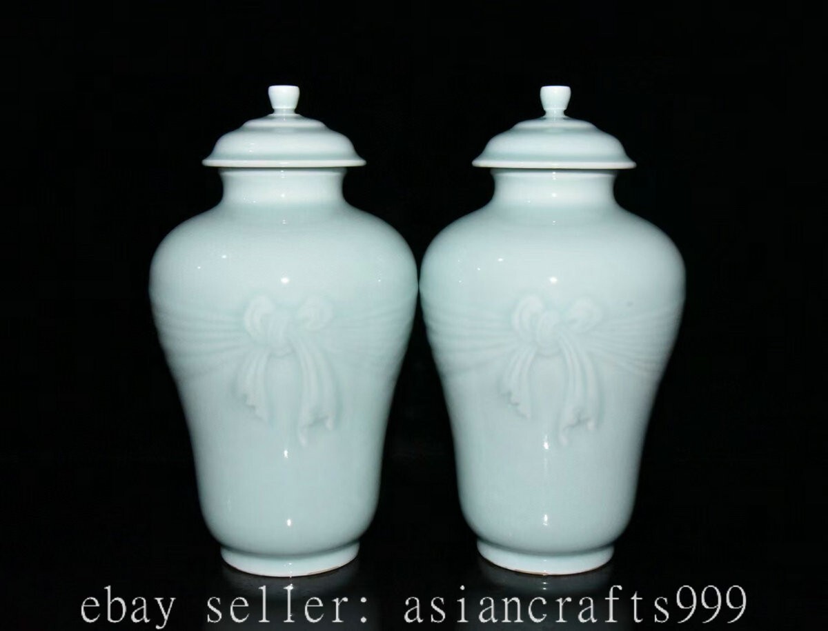 9.6" alte chinesische Bohne Grüne Glasur Porzellan Blume Deckel Flasche Tank