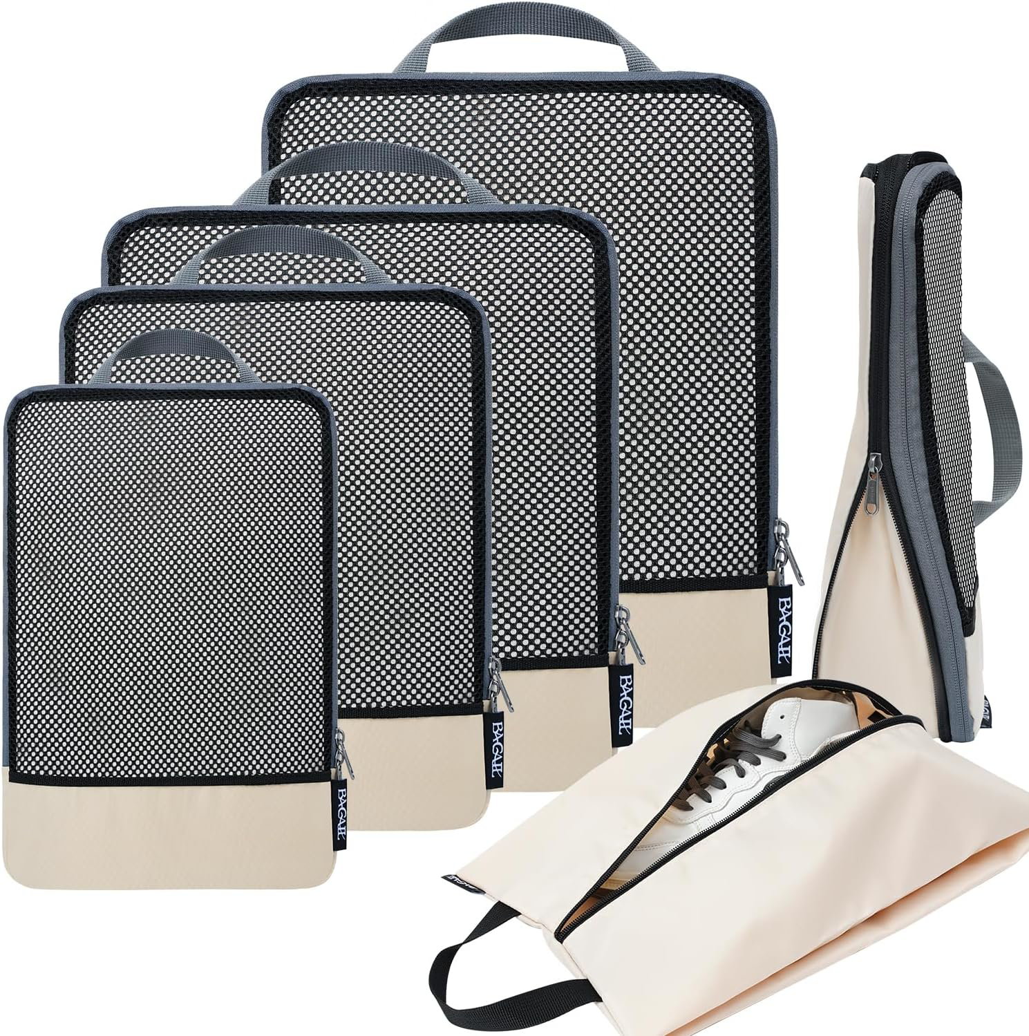 Compression Packing Cubes 6 Set Expandable Travel Organizers Beige Half-Mesh