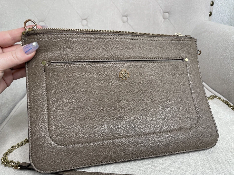 Ann Taylor Taupe Leather & Chain Crossbody Purse HandBag Gold Brown - Image 3 of 4