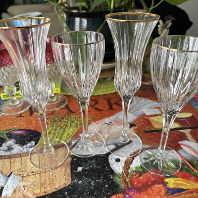 MILASA-CHAMPAGNE FLUTES Wine Goblets  Crystal  ''Golden Tiara'' Gold rim Two Each