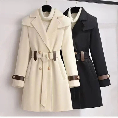 New Autumn Winter Wool Jacket Womens Clothing Coat Slim Fit Belt Elegant Outwear - Picture 1 of 18