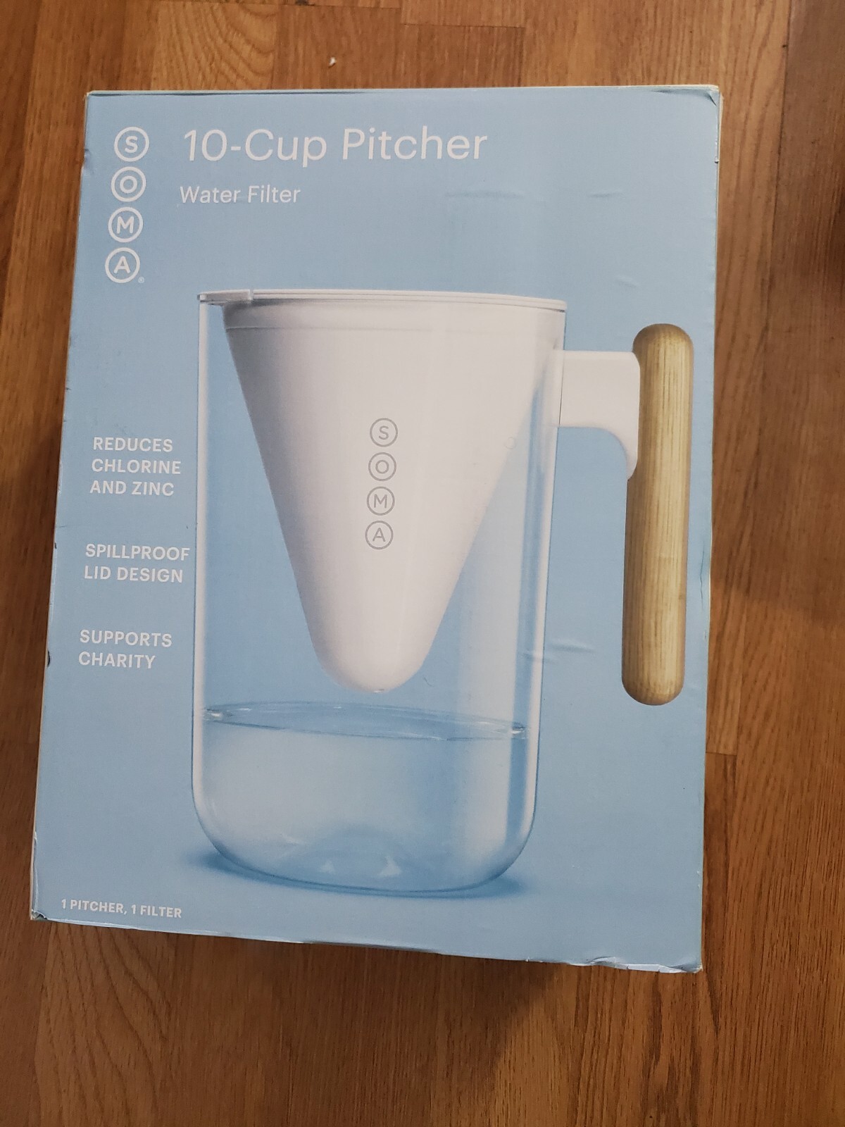 SOMA 10 Cup Water Filter Pitcher White Clear Wood Handle One