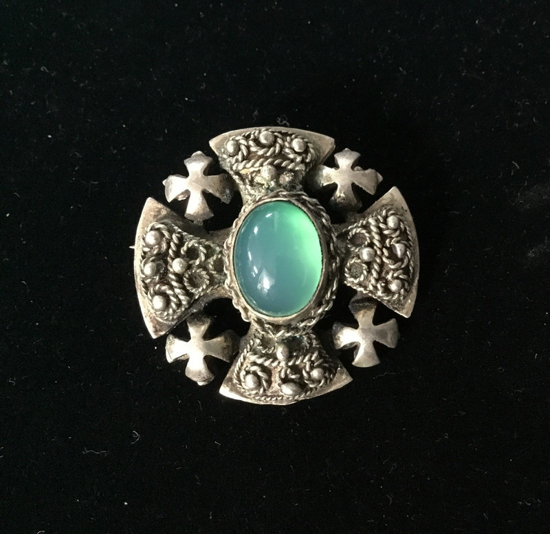 Vintage 935 Silver Jerusalem Cross Brooch Pin Green Stone Circa 1940 11.1 grams