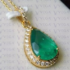 6.30Ct Pear Cut Natural Green Emerald Diamond Halo Pendant Solid 14K Yellow Gold