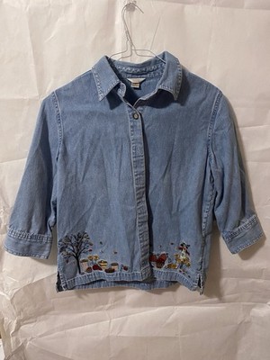 Christopher And Banks Blue Denim Fall Button Up Shirt Embroidery Size M