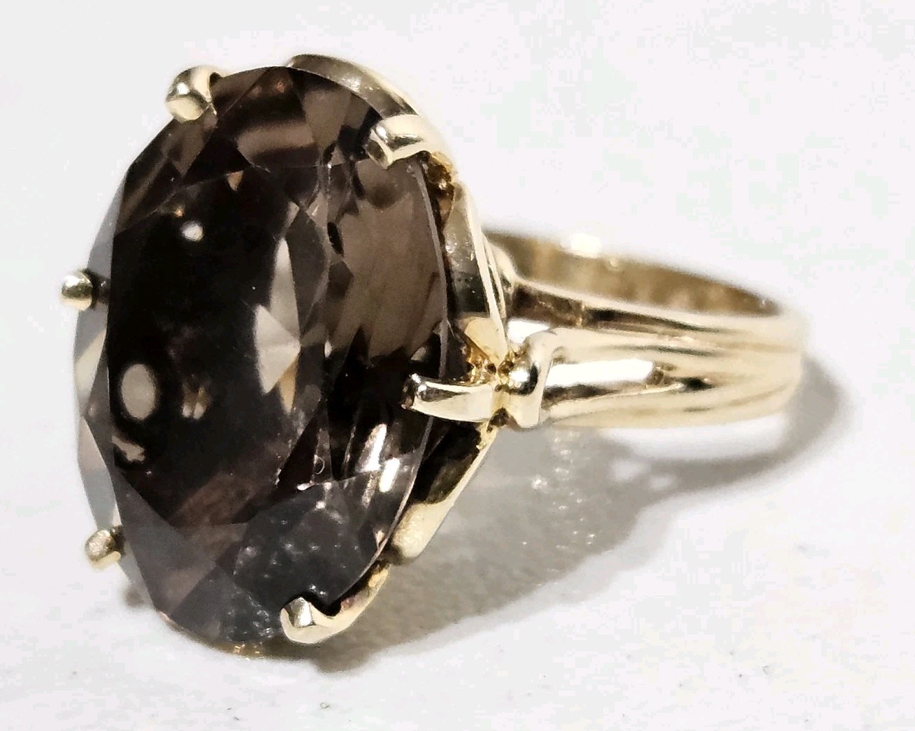 Vintage 14K Gold Large 14+ Carat Smoky Quartz Fancy Setting Cocktail Ring Size 8