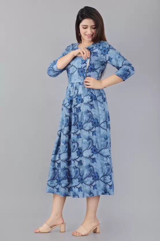 Maternity Nursing Dress Green Floral Print Anarkali Breastfeeding Gown Indian