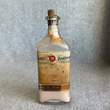Vtg Corry Pharmacy Glass Bottle w/ Cork Stopper Label Faded Signature Endi Okla